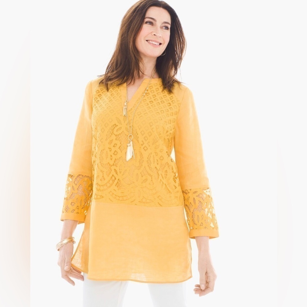 Chico’s Women’s 100% Linen Lace Yellow Mustard Tunic Top Blouse Shirt Sz 3 XL/16